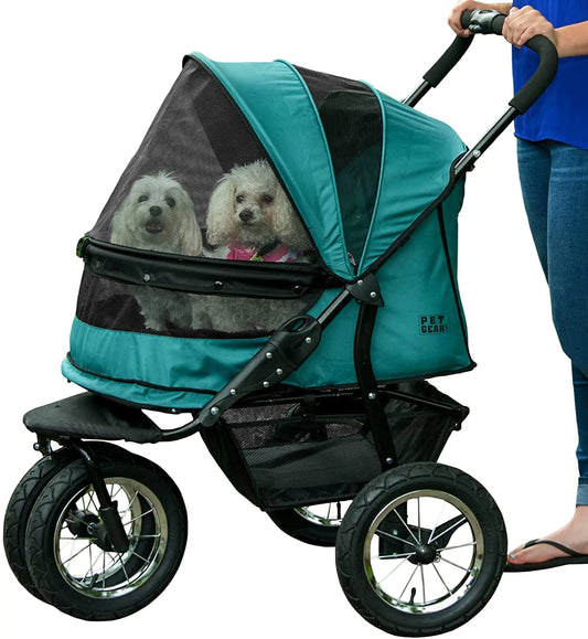 Pet Gear NO-Zip Double Pet Stroller Zipperless Entry for Single or Multiple Dogs/Cats Plush Pad + Weather Cover Included Large Gel-Filled Tires 1 Model 3 Colors New Pine Green